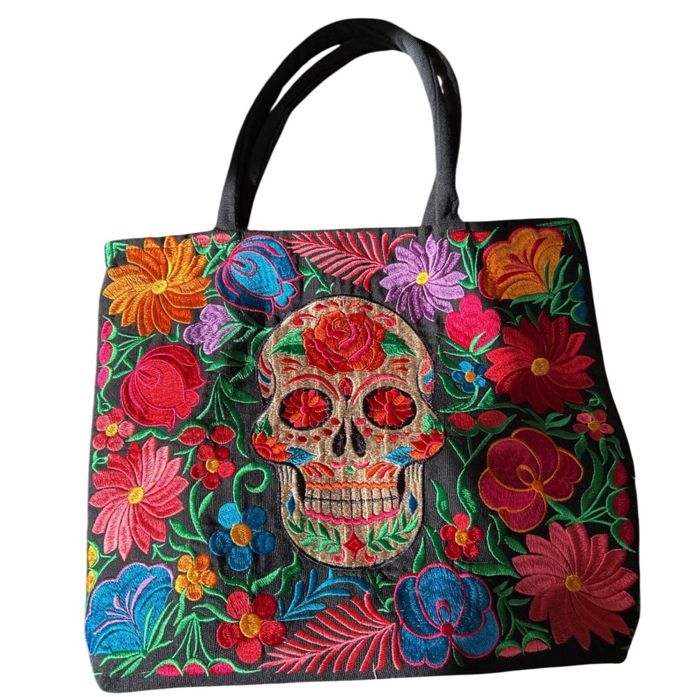 Embroidered Skull Floral‎ Tote Bag Day of the Dead Black Canvas 14"Lx 17"W x 3"D